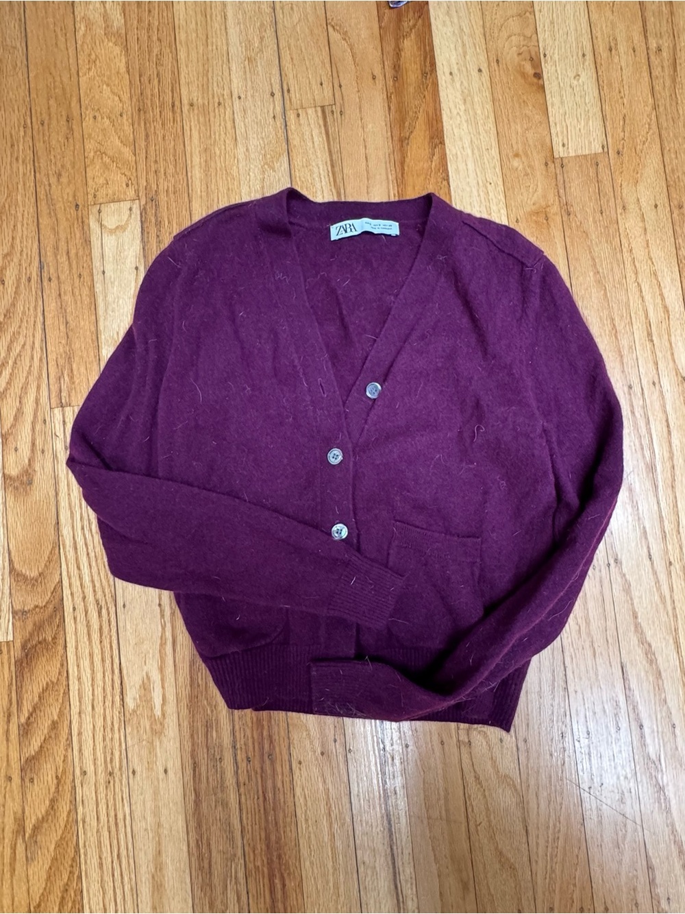 ZARA Women's Deep Plum V-Neck Button Cardigan